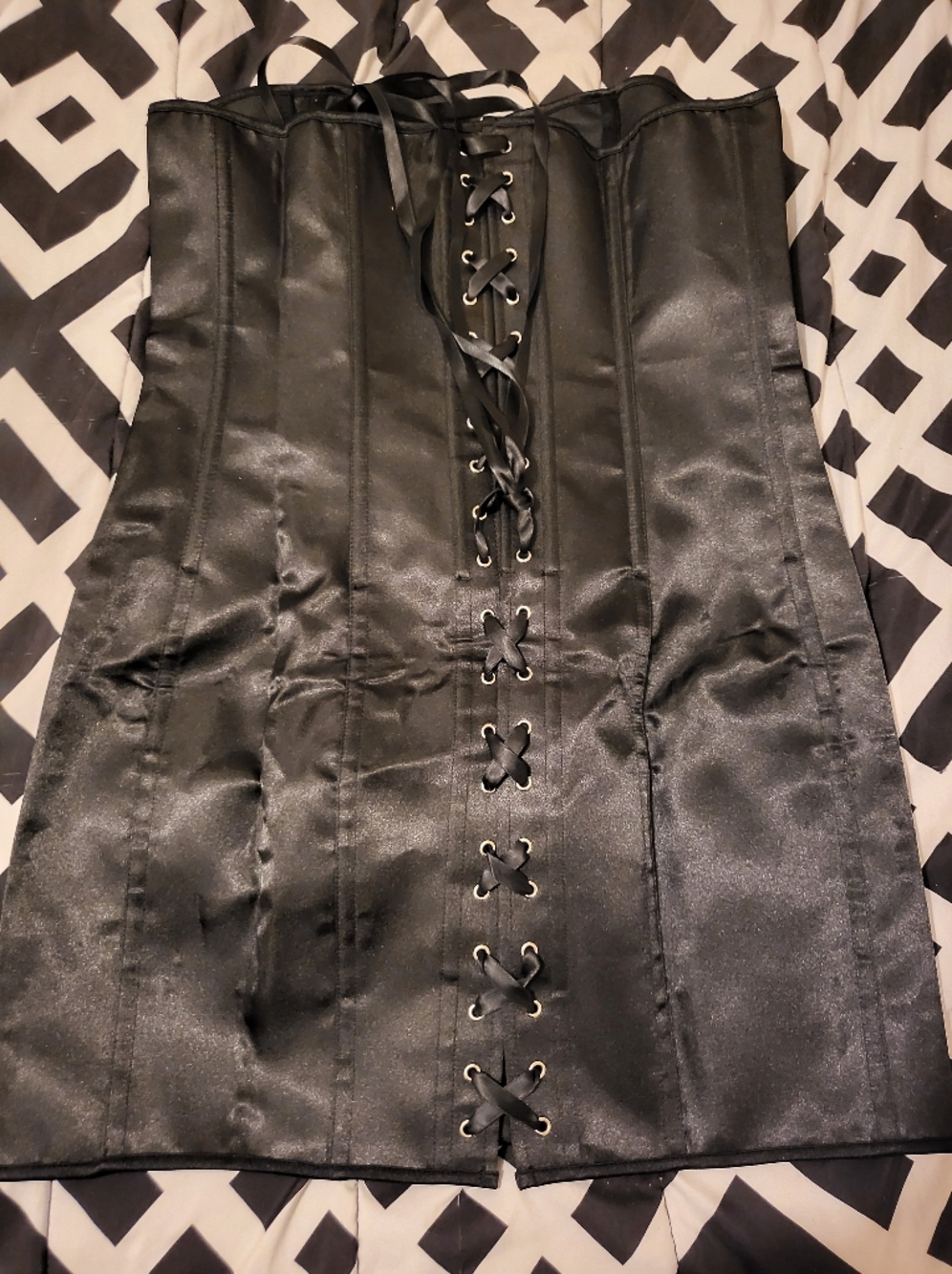 Gothic Plus Size 2XL Black Satin Lace-Up Waist Cincher Corset Full Body